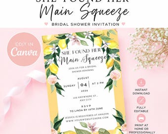 Lemon Citrus Bridal Shower Invitation Template | She Found Her Main Squeeze (Digital Download)