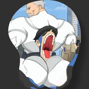 Könnte beinhalten: Ein weißes und blaues Mauspad mit einer Illustration von zwei Comicfiguren. Die Figur im Vordergrund hat einen großen, weit geöffneten Mund. Die Figur im Hintergrund trägt ein weißes Hemd und hat einen ernsten Gesichtsausdruck.