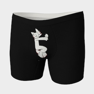 May include: Black boxer shorts with a white cartoon of a cat hugging itself.