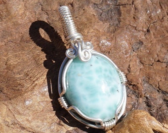 Genuine Larimar and Sterling Silver Wire Wrapped Pendant ~ Handcrafted Jewelry ~ "Dolphin Stone" ~ Wire Wrap ~ Natural Stone ~ 1.25" x 3/4"