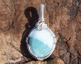 Genuine Larimar and Sterling Silver Wire Wrapped Pendant ~ Handcrafted Jewelry ~ "Dolphin Stone" ~ Wire Wrap ~ Natural Stone ~ 1.25" x 3/4"