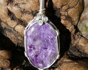Charoite Pendant ~  Russian Charoite and Sterling Silver Wire Wrapped Pendant ~ Handcrafted