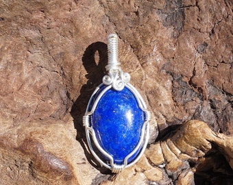Lapis and Sterling Silver Wire Wrapped Pendant ~ Genuine Lapis Lazuli Natural Stone Jewelry with with Optional Chain