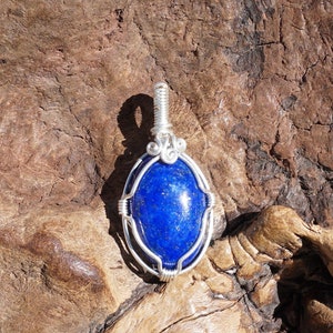 Lapis and Sterling Silver Wire Wrapped Pendant Genuine Lapis Lazuli Natural Stone Jewelry with with Optional Chain image 1