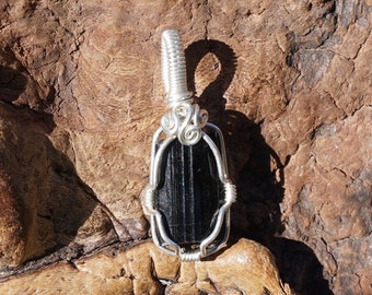 Black Tourmaline and Sterling Silver Wire Wrapped Pendant ~ Natural Stone Jewelry, Healing Crystal, Wire Wrap, Tourmaline Pendant