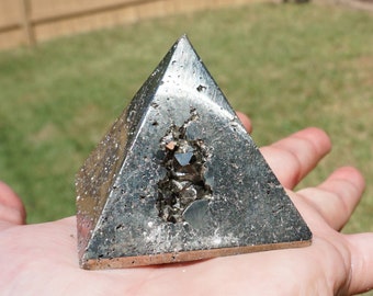 Pyrite Pyramid #11 ~ Peruvian Pyrite "Fools Gold" Polished Stone Pyramid~ 1.85" x 2" x 2" ~ 7 Ounces ~ Sparkly Geode ~ Grounding Stone