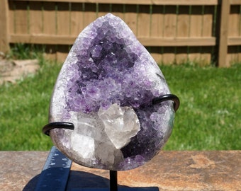 Amethyst #22 ~ High Quality Natural Uruguayan Amythest Egg with Calcite - Metal Display Stand ~ 5.5" x 4" x 4"~ 2 lbs, 7.9 oz