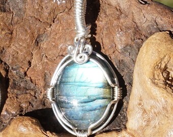 Labradorite and Sterling Silver Wire Wrapped Pendant ~ High Quality Teal Blue Labradorite Stone Pendant with Optional 18 inch Silver Chain