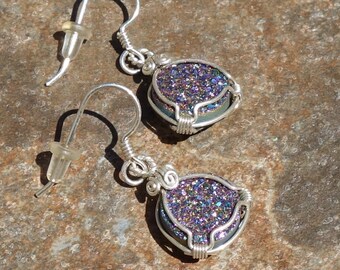 Light Purple Titanium Druzy and Sterling Silver Wire Wrapped Earrings ~ Sparkly Dangle Earrings ~ 3/4"