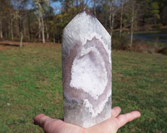 Agate Geode Tower #4 ~ Large Polished Agate Stone Tower with Natural Sparkly Druzy Quartz Geode Pocket ~ 5.5" x 2.5" x 2" ~ 1 Pound, 13.3 Oz