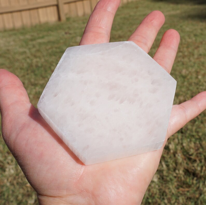 Selenite #4 ~ ONE Polished Selenite Hexagon Charging Plate ~ Metaphysical Healing Stone ~ 3 x 3.25 x 12 ~ 4.5 Ounce ~ Crystal Gridding