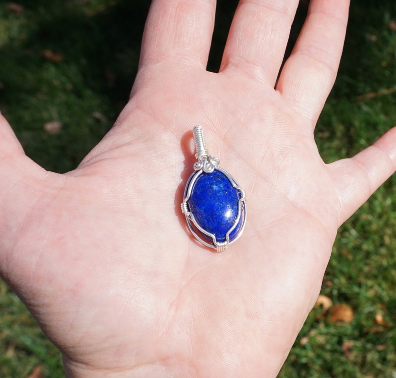 Lapis and Sterling Silver Wire Wrapped Pendant Genuine Lapis Lazuli Natural Stone Jewelry with with Optional Chain image 7