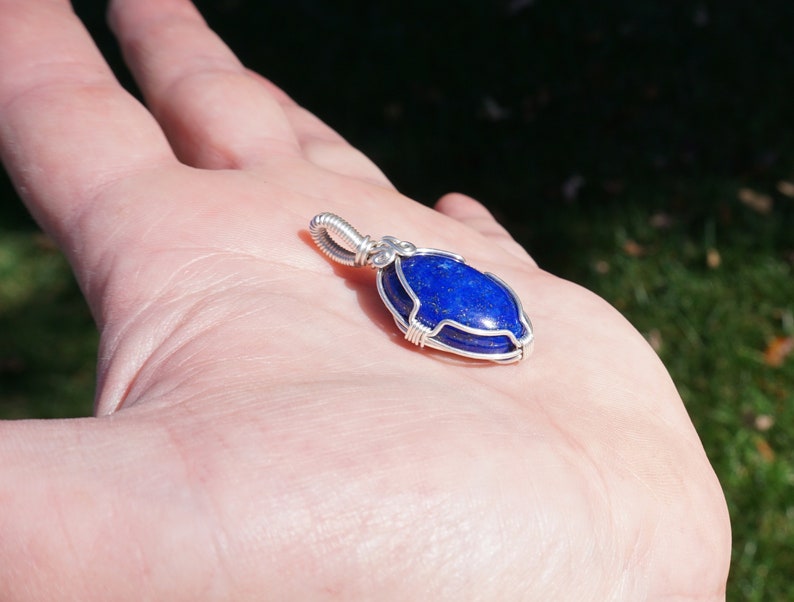 Lapis and Sterling Silver Wire Wrapped Pendant Genuine Lapis Lazuli Natural Stone Jewelry with with Optional Chain image 9