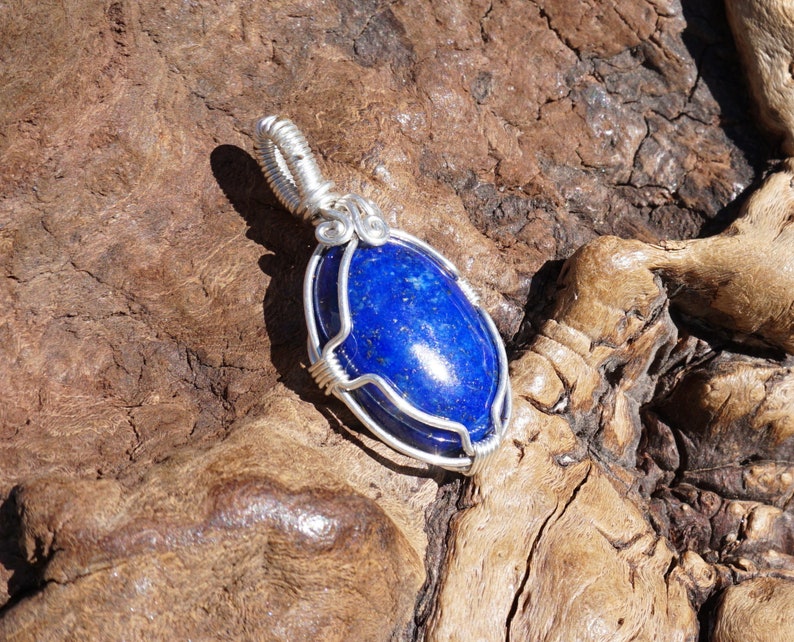 Lapis and Sterling Silver Wire Wrapped Pendant Genuine Lapis Lazuli Natural Stone Jewelry with with Optional Chain image 3