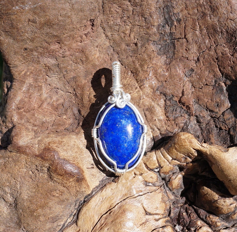 Lapis and Sterling Silver Wire Wrapped Pendant Genuine Lapis Lazuli Natural Stone Jewelry with with Optional Chain image 1
