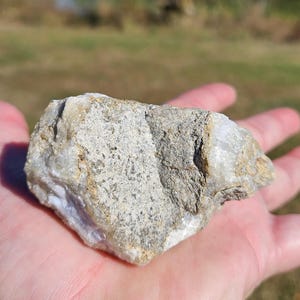 Puede incluir: Una roca &aacute;spera e irregular, con una mezcla de tonos grises, beige y blancos. La roca se sostiene en una mano abierta, con un fondo borroso de hierba verde y &aacute;rboles.