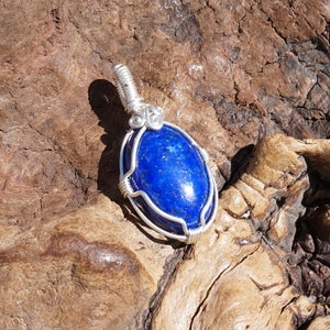 Lapis and Sterling Silver Wire Wrapped Pendant Genuine Lapis Lazuli Natural Stone Jewelry with with Optional Chain image 2