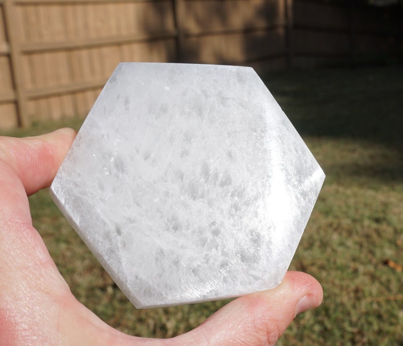 Selenite #4 ~ ONE Polished Selenite Hexagon Charging Plate ~ Metaphysical Healing Stone ~ 3 x 3.25 x 12 ~ 4.5 Ounce ~ Crystal Gridding