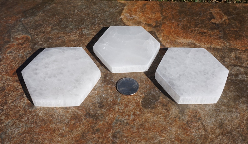 Selenite #4 ~ ONE Polished Selenite Hexagon Charging Plate ~ Metaphysical Healing Stone ~ 3 x 3.25 x 12 ~ 4.5 Ounce ~ Crystal Gridding