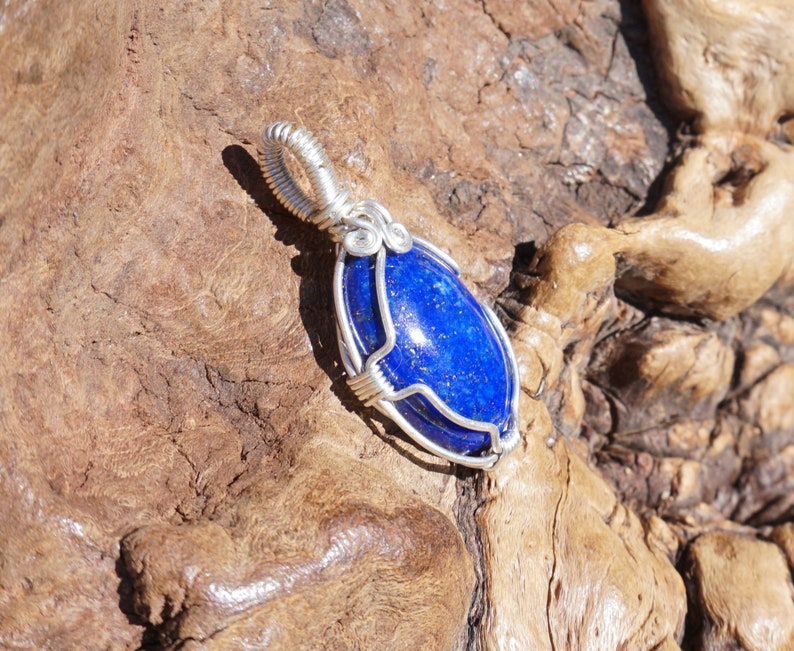 Lapis and Sterling Silver Wire Wrapped Pendant Genuine Lapis Lazuli Natural Stone Jewelry with with Optional Chain image 4