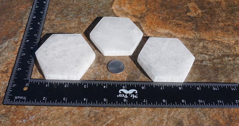 Selenite #4 ~ ONE Polished Selenite Hexagon Charging Plate ~ Metaphysical Healing Stone ~ 3 x 3.25 x 12 ~ 4.5 Ounce ~ Crystal Gridding
