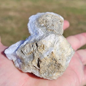 Puede incluir: Un trozo de &aacute;gata de encaje azul, una piedra preciosa natural, con una mezcla de colores azul claro y beige. La piedra tiene una superficie rugosa y texturizada y se sostiene en una mano.