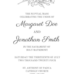 Può includere: Annuncio di matrimonio per Margaret Doe e Jonathan Smith. La messa nuziale si terrà sabato 13 luglio 2024 presso la Chiesa Cattolica di Sant'Antonio da Padova.