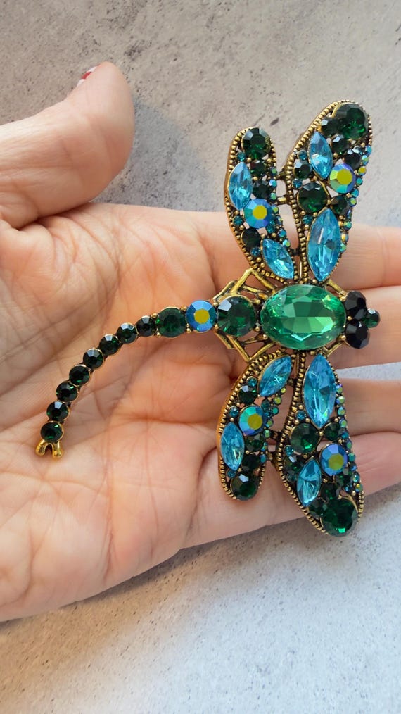 Dragonfly Brooch Large Rhinestone Statement Pin G… - image 2