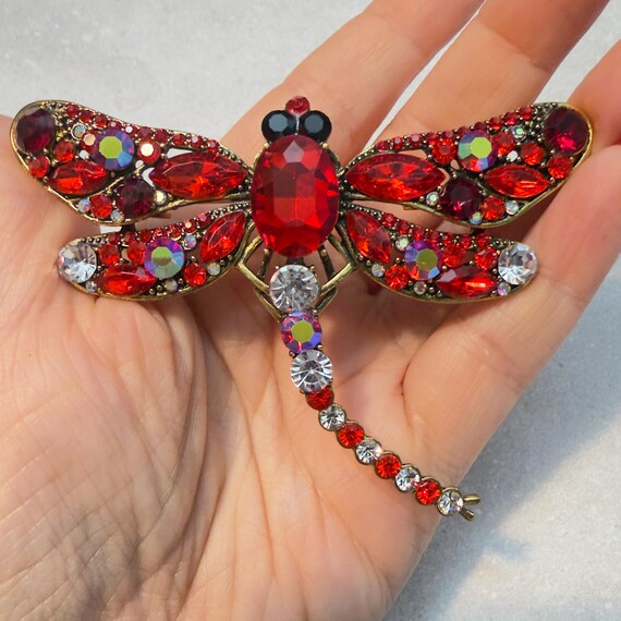 Dragonfly Brooch Red Rhinestone Statement Insect … - image 1