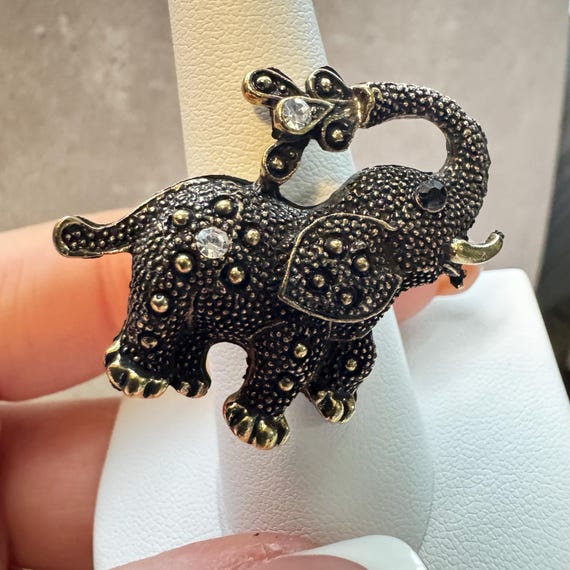 Vintage Elephant Ring, Adjustable Gold Tone Rhine… - image 1