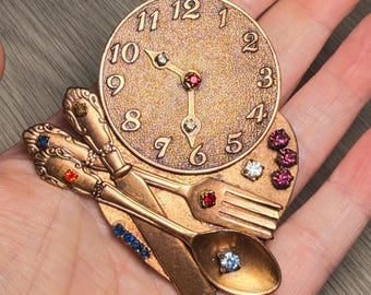 Steampunk Style Clock Silverware Vintage Brooch Handmade 3.5”