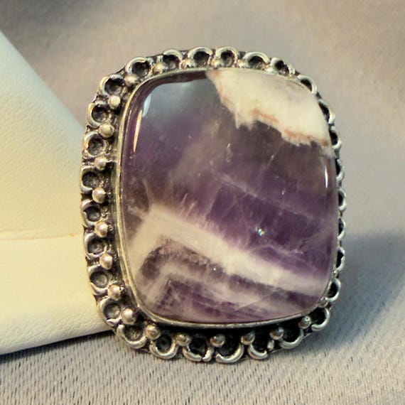 Amethyst Ring Chevron Quartz Silver Statement Rin… - image 1