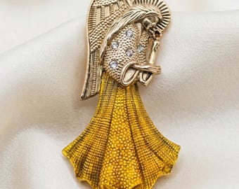 Vintage Angel Brooch Color Changing Gown Gold Tone Open Back 2.6"