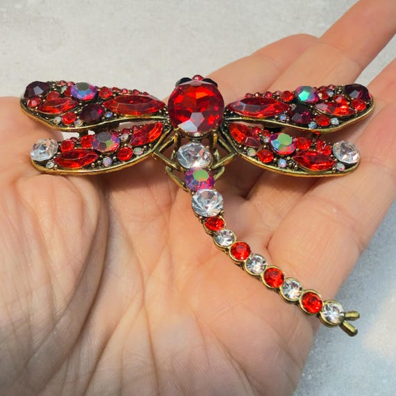 Dragonfly Brooch Red Rhinestone Statement Insect … - image 4