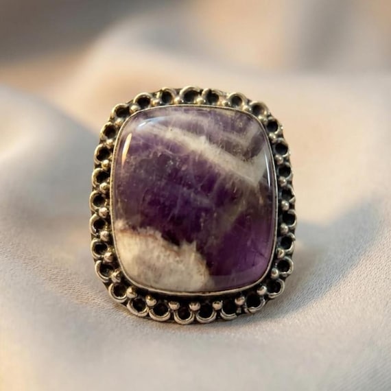 Amethyst Ring Chevron Quartz Silver Statement Rin… - image 2