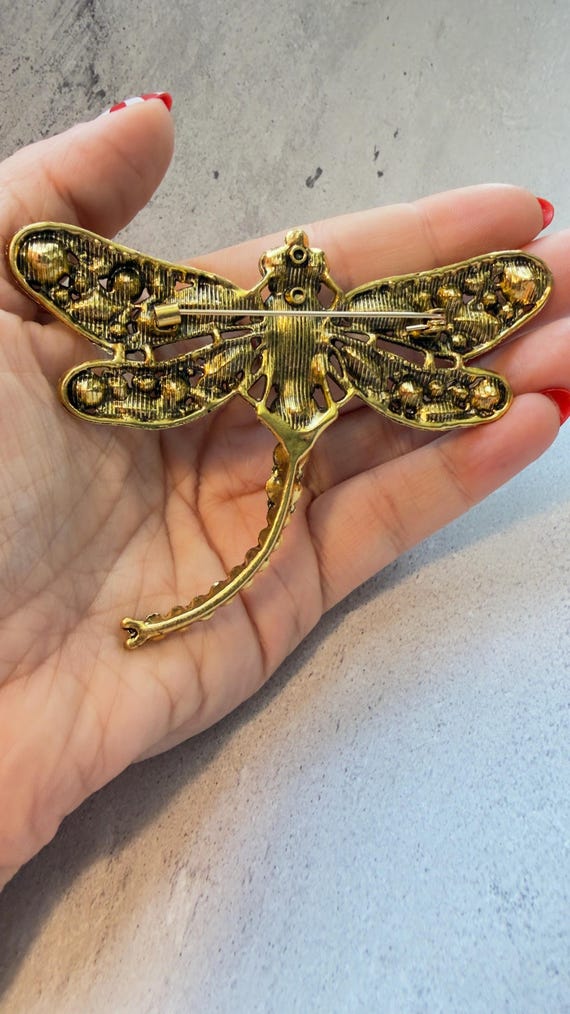 Dragonfly Brooch Large Rhinestone Statement Pin G… - image 3
