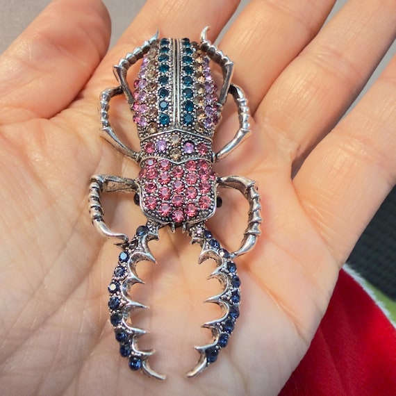 Beetle Brooch Rhinestone Statement Insect Pin Lar… - image 2