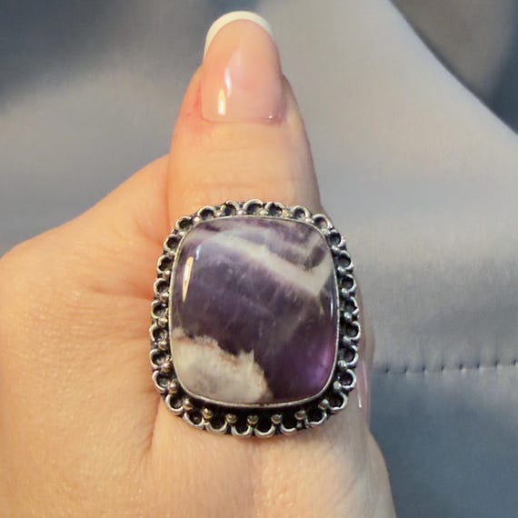 Amethyst Ring Chevron Quartz Silver Statement Rin… - image 4