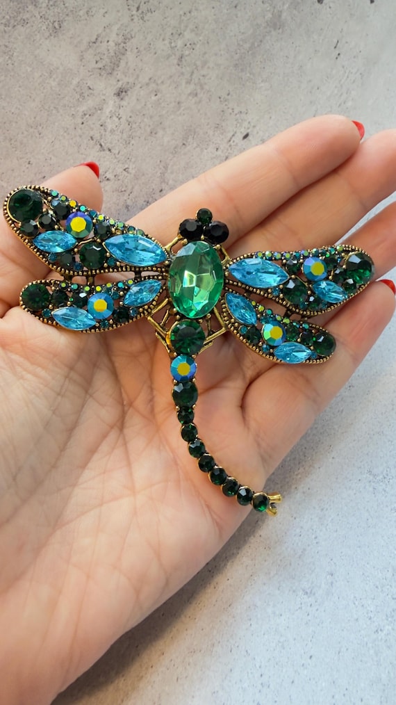 Dragonfly Brooch Large Rhinestone Statement Pin G… - image 1