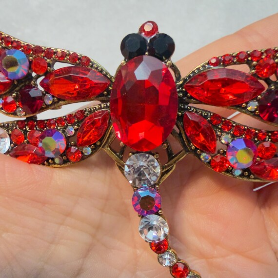 Dragonfly Brooch Red Rhinestone Statement Insect … - image 2