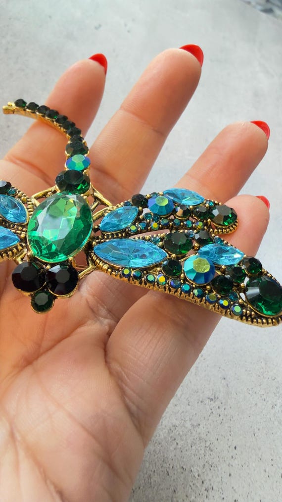 Dragonfly Brooch Large Rhinestone Statement Pin G… - image 4