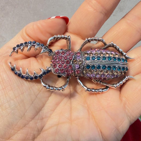 Beetle Brooch Rhinestone Statement Insect Pin Lar… - image 1