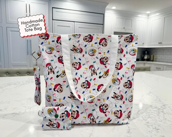 Disney Christmas Tote Bag – Handmade Large Disney Tote for Everyday, Travel & Park Days, Washable Cotton Bag, Disney Gift
