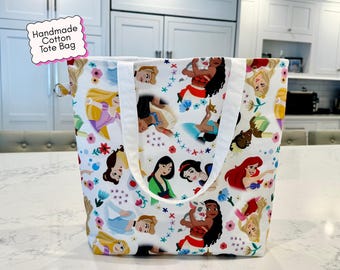 Disney Princess Tote Bag – Handmade Large Disney Tote for Everyday, Travel & Park Days, Washable Cotton Bag, Disney Gift