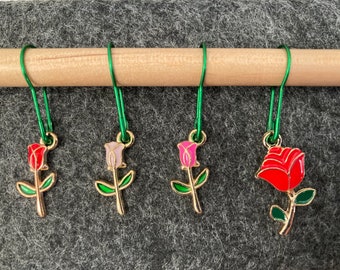 Set of 4 Removeable Locking Stitch Markers for Knitting & Crochet --  Roses Flowers -- Spring Colorful Enamel Goldtone