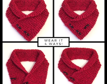 Red Soft Cowl Neck Warmer w/ Buttons | Handmade Knit | Ready to Ship