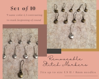 Set of 10 Removeable Locking Stitch Markers for Knitting & Crochet -- Love Hearts <3 Valentines Day