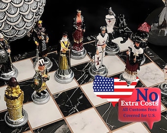 Handmade Ottoman vs Byzantine Metal Chess Set, Wooden Board