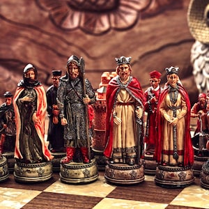 Camelot Chess Set, Handmade High-End Board with Walnut Wood and Mother-of-Pearl Inlay, Luxury Medieval Collectible for Chess Lovers