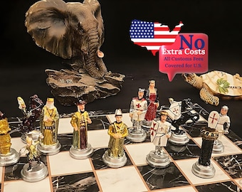 Hand-Painted Ottoman vs Byzantine Metal Chess Set, Marble Board